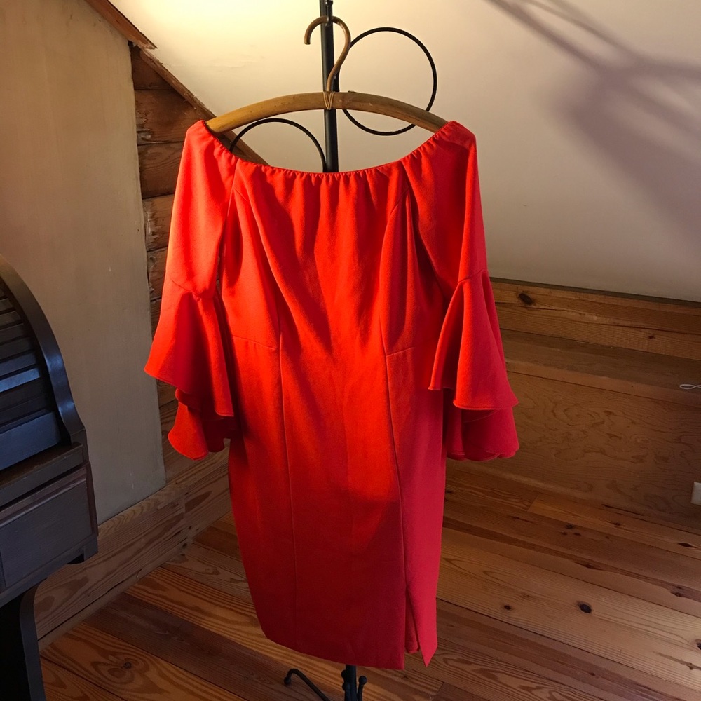 Venus Red Orange Off the Shoulder Bell Sleeve Dress, EUC, 8